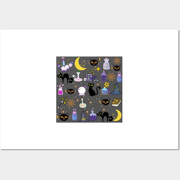 Black Cat Black Magic_Grey Background Wall Art by leBoosh-Designs